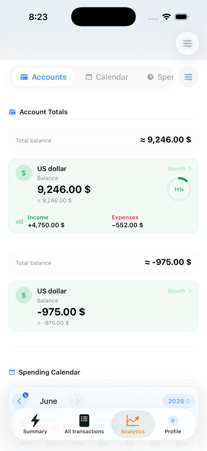 Account totals and spending calendar