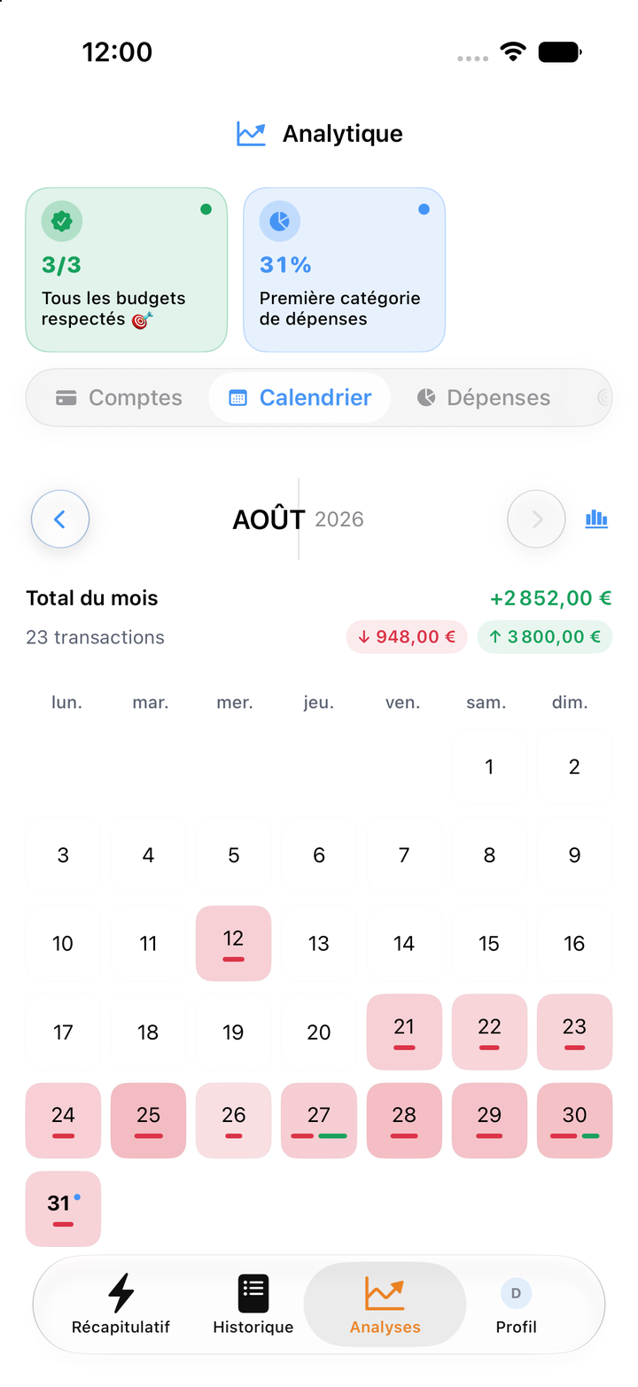 Calendrier des dépenses par mois et par année