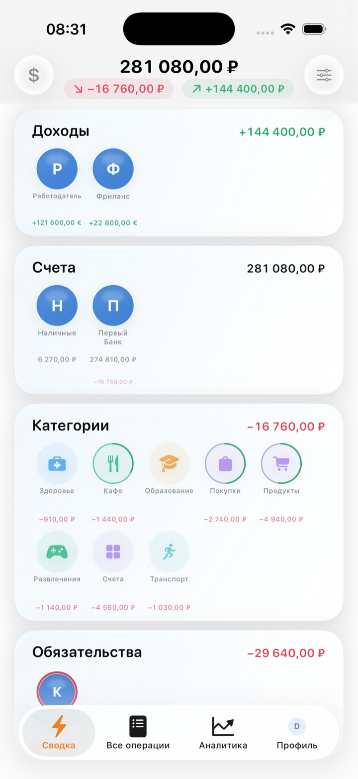 Экран сводки Fevault: доходы, счета и категории